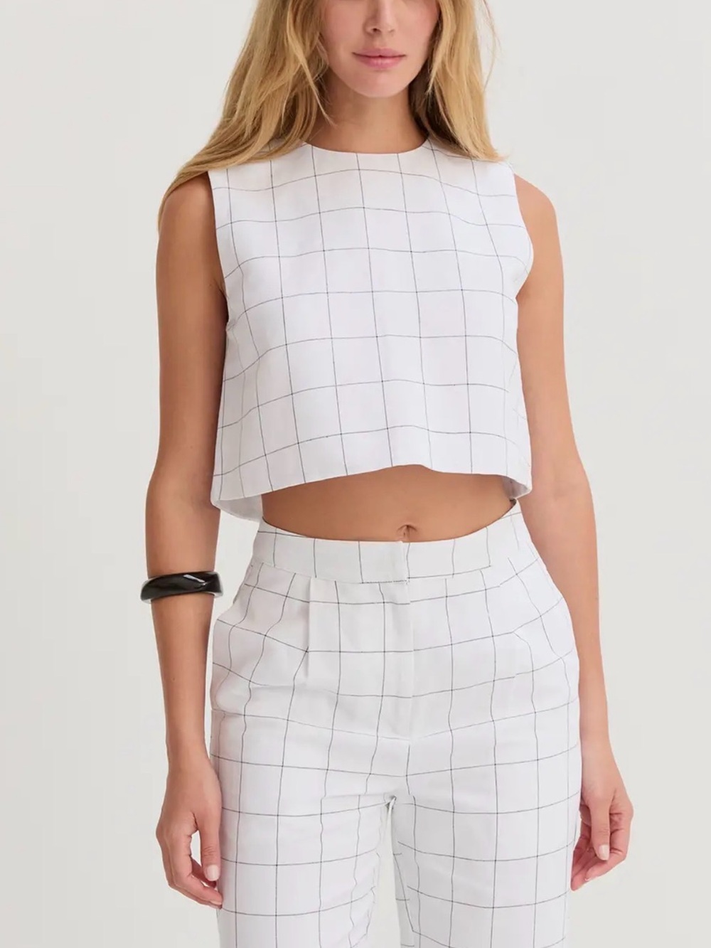 Grid-Check White Crop Top and High-Waist Pants Set - Picture 1 of 4